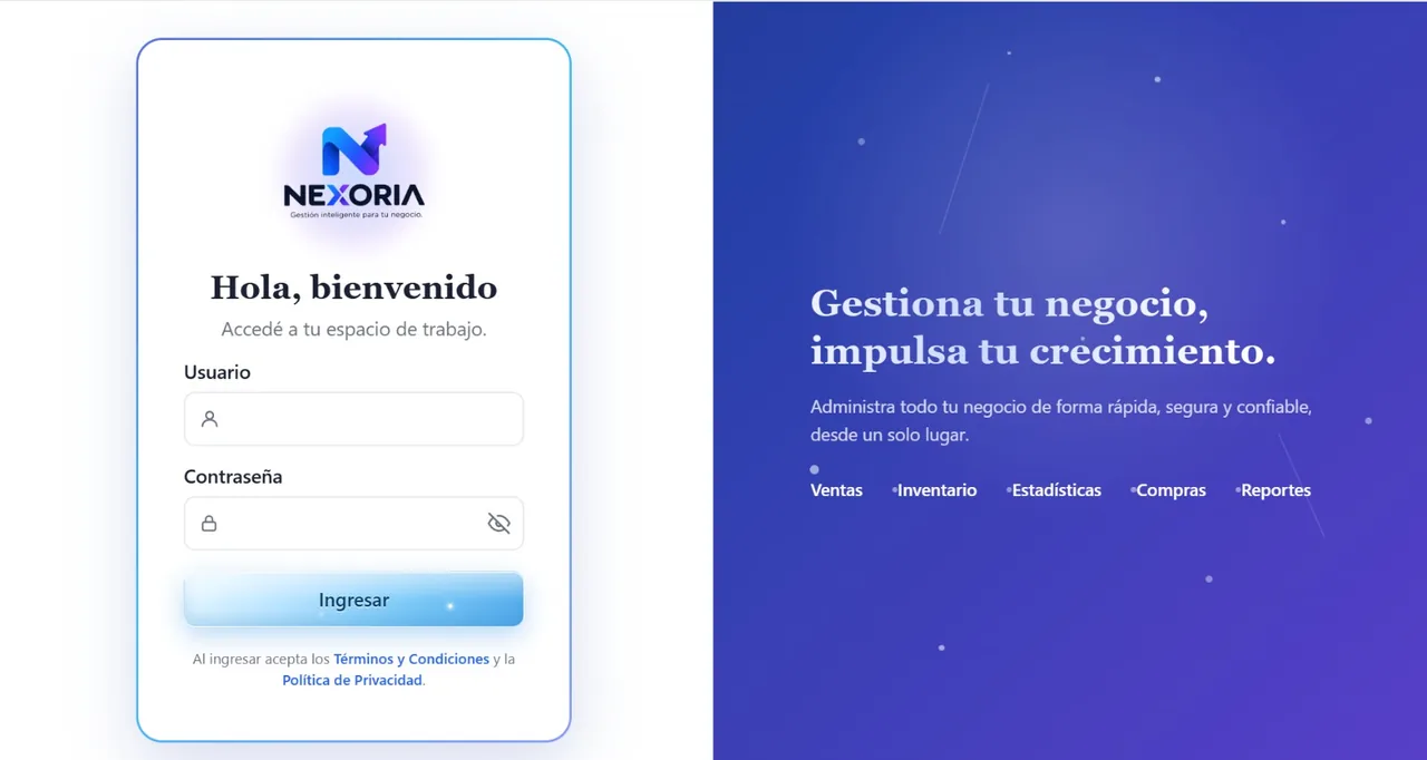 Nexoria, sistema de gestión SaaS: Inicio de sesión
